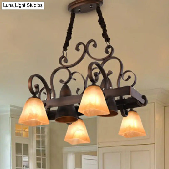 Copper Swirled Arm Chandelier With Bell Beige Glass Shade - Classic Dining Room Pendant Light