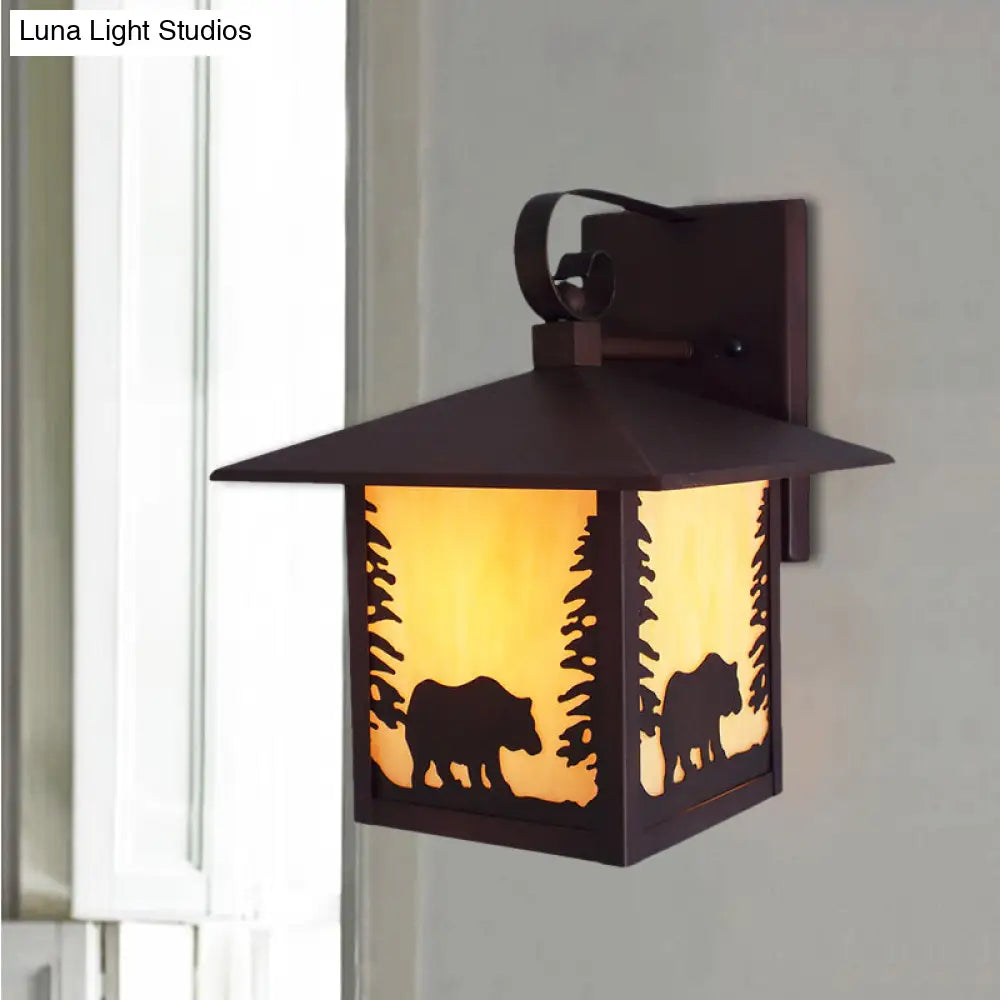 Copper Wall Mounted Lantern Sconce With Amber Glass Shade