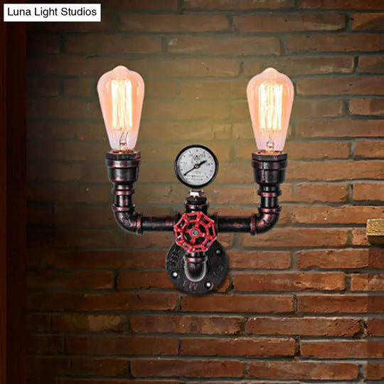 Copper Water Pipe Wall Lighting With Pressure Gauge & Rustic Iron Finish 2/3 Heads - Restaurant