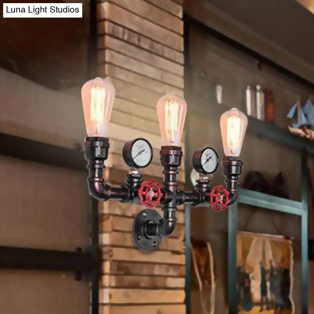 Copper Water Pipe Wall Lighting With Pressure Gauge & Rustic Iron Finish 2/3 Heads - Restaurant