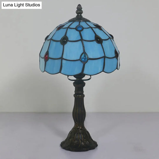 Blue Glass Lattice Bowl Table Lamp - Mediterranean Bronze Gem Patterned Desk Lighting For Bedroom