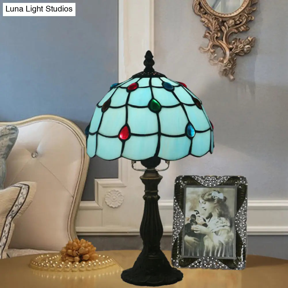 Blue Glass Lattice Bowl Table Lamp - Mediterranean Bronze Gem Patterned Desk Lighting For Bedroom