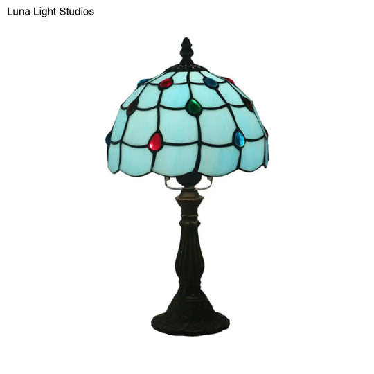 Blue Glass Lattice Bowl Table Lamp - Mediterranean Bronze Gem Patterned Desk Lighting For Bedroom