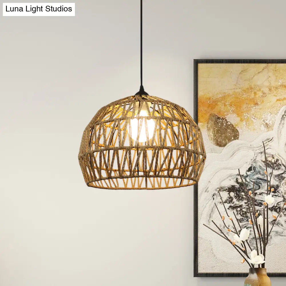 Corridor Hanging Light Fixture With Rattan Shade - Chic Black/Beige Suspended Lamp