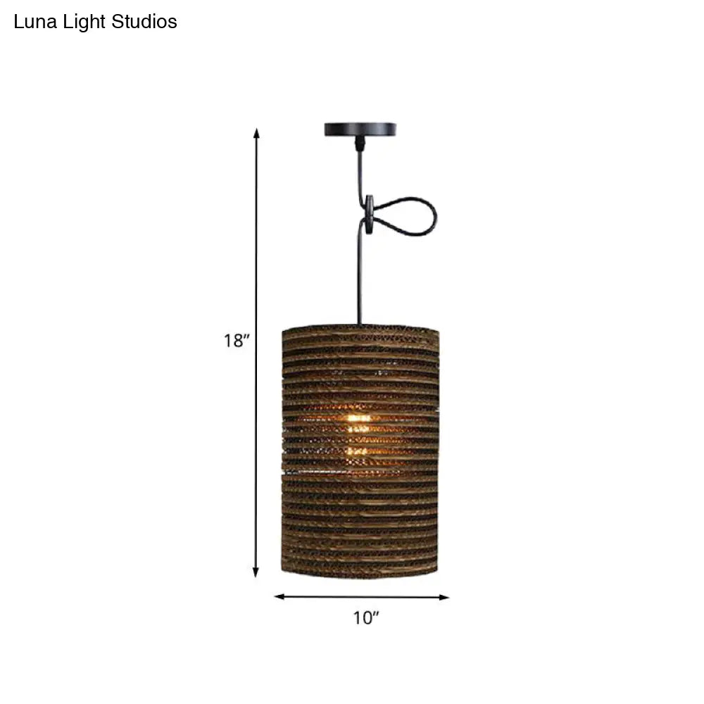 Corrugated Paper Hanging Lamp - Asian Style With High Waist Brown Shade Restaurant Pendant Light