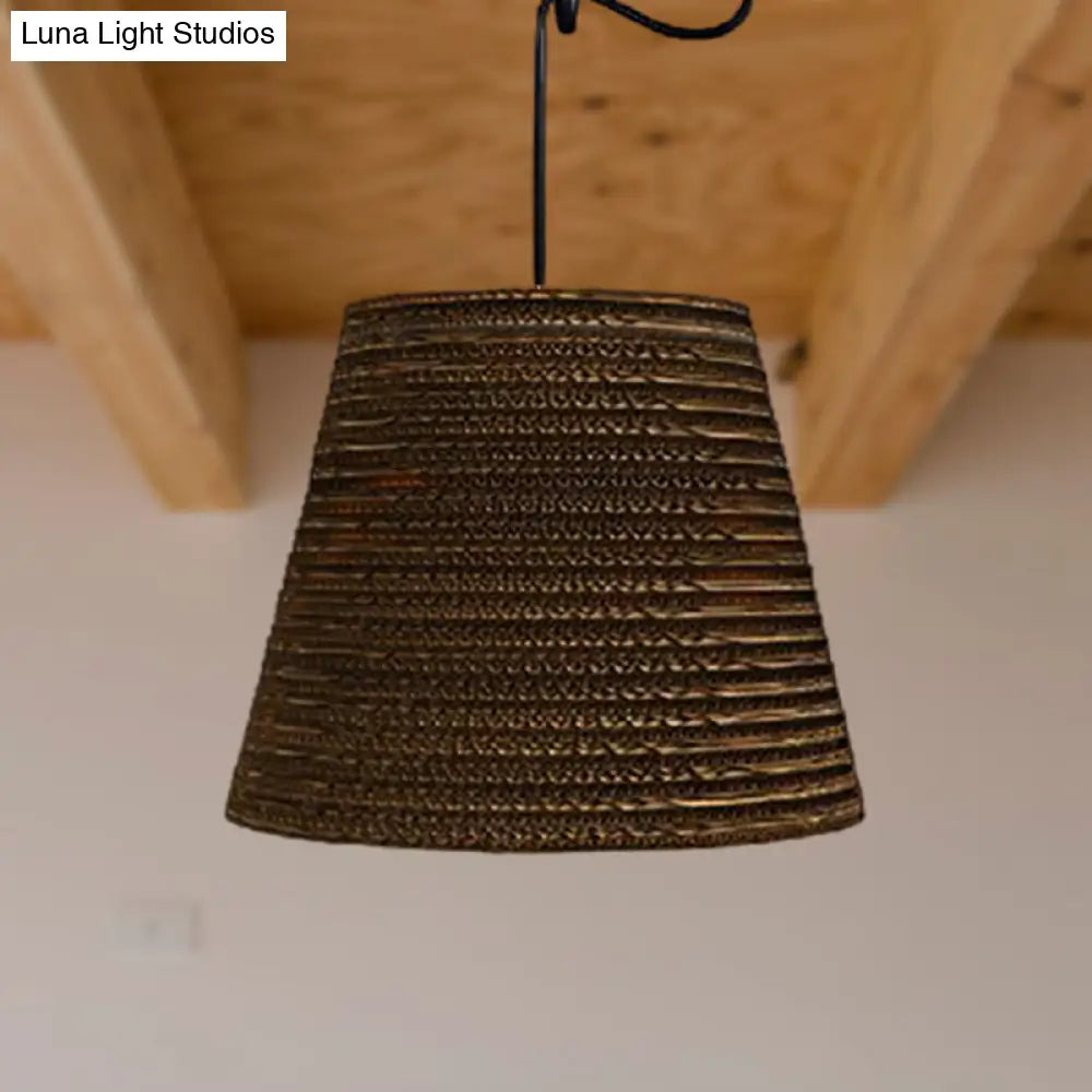 Corrugated Paper Hanging Lamp - Asian Style With High Waist Brown Shade Restaurant Pendant Light