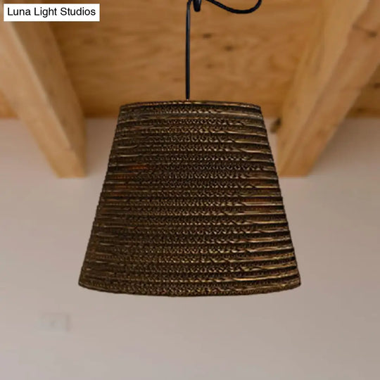 Corrugated Paper Hanging Lamp - Asian Style With High Waist Brown Shade Restaurant Pendant Light