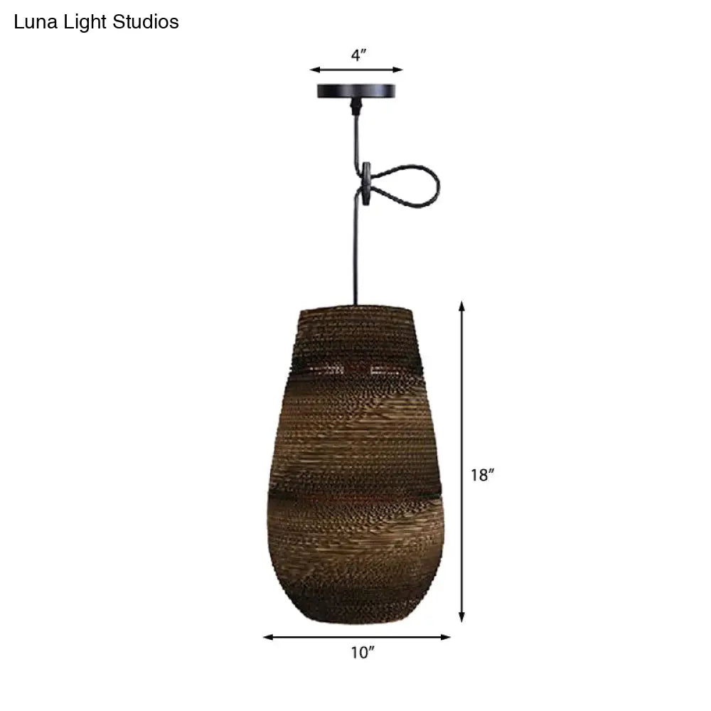 Corrugated Paper Hanging Lamp - Asian Style With Brown High Waist Shade Restaurant Pendant Light