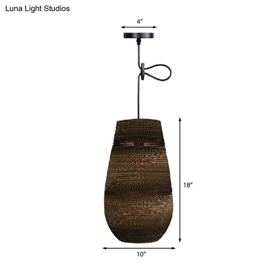 Corrugated Paper Hanging Lamp - Asian Style With Brown High Waist Shade Restaurant Pendant Light