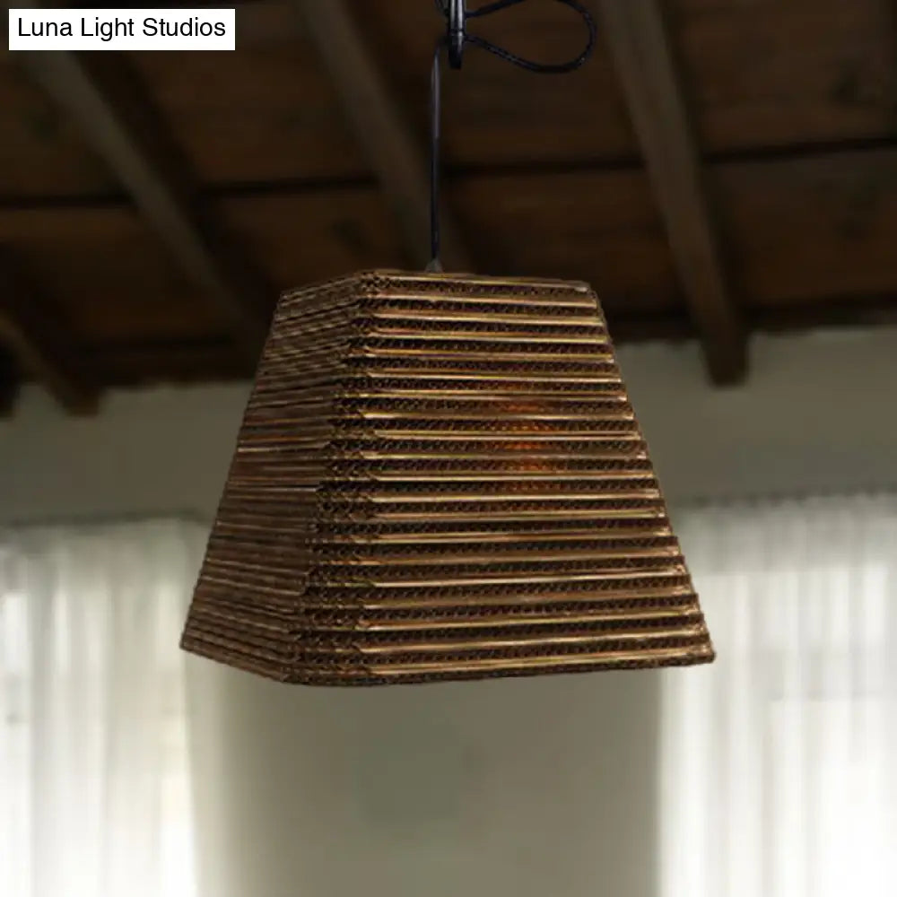 Corrugated Paper Hanging Lamp - Asian Style With High Waist Brown Shade Restaurant Pendant Light