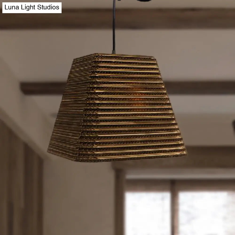 Corrugated Paper Hanging Lamp - Asian Style With Brown High Waist Shade Restaurant Pendant Light