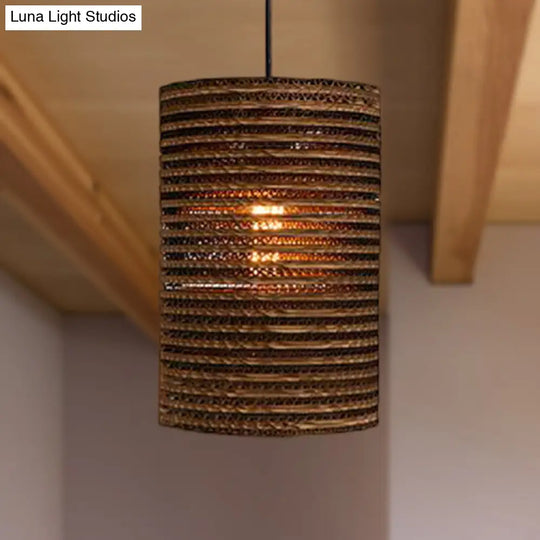 Corrugated Paper Hanging Lamp - Asian Style With High Waist Brown Shade Restaurant Pendant Light /