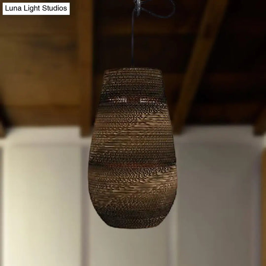 Corrugated Paper Hanging Lamp - Asian Style With High Waist Brown Shade Restaurant Pendant Light