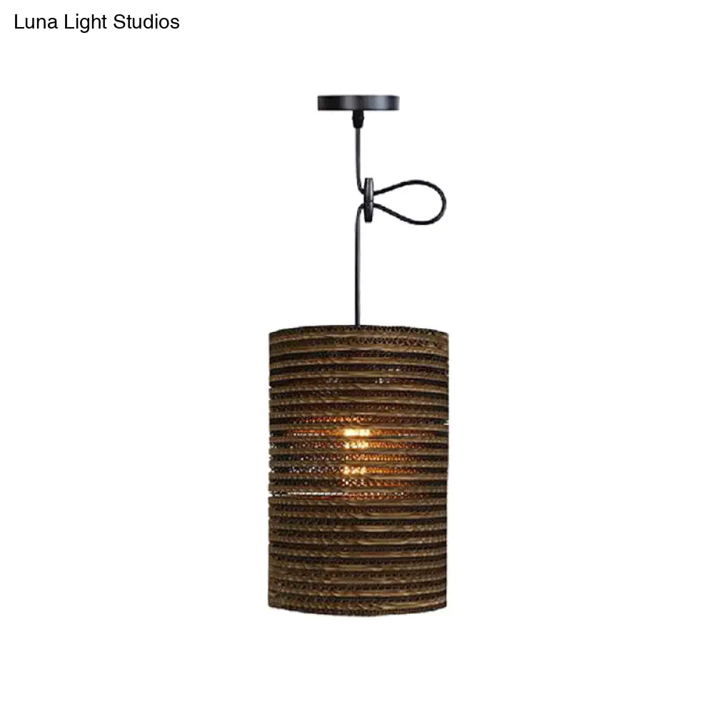 Corrugated Paper Hanging Lamp - Asian Style With High Waist Brown Shade Restaurant Pendant Light