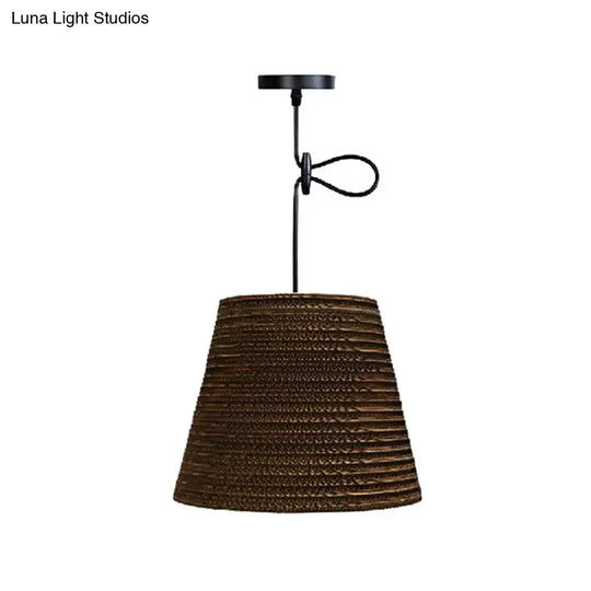 Corrugated Paper Hanging Lamp - Asian Style With High Waist Brown Shade Restaurant Pendant Light