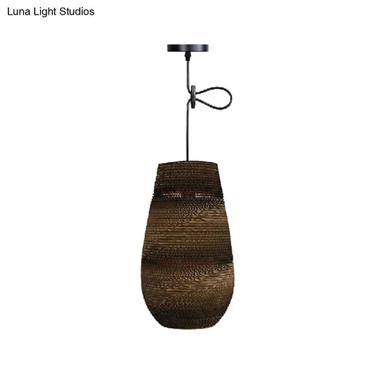 Corrugated Paper Hanging Lamp - Asian Style With High Waist Brown Shade Restaurant Pendant Light