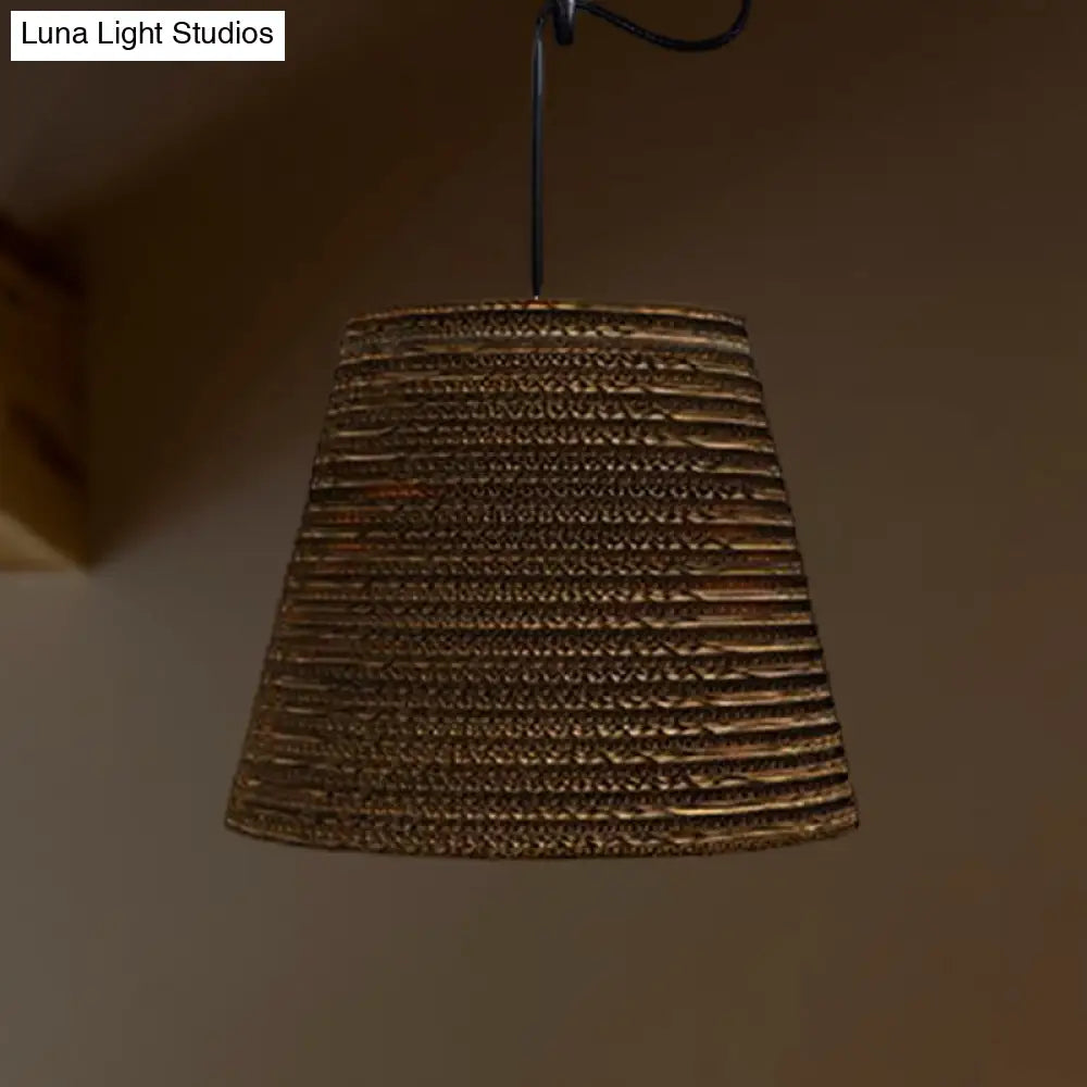 Corrugated Paper Hanging Lamp - Asian Style With High Waist Brown Shade Restaurant Pendant Light