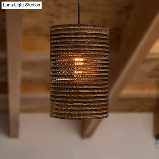 Corrugated Paper Hanging Lamp - Asian Style With Brown High Waist Shade Restaurant Pendant Light