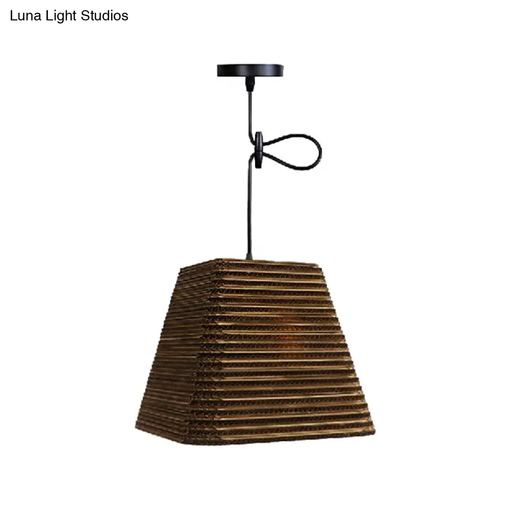 Corrugated Paper Hanging Lamp - Asian Style With High Waist Brown Shade Restaurant Pendant Light