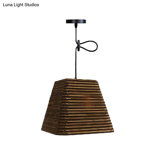 Corrugated Paper Hanging Lamp - Asian Style With High Waist Brown Shade Restaurant Pendant Light