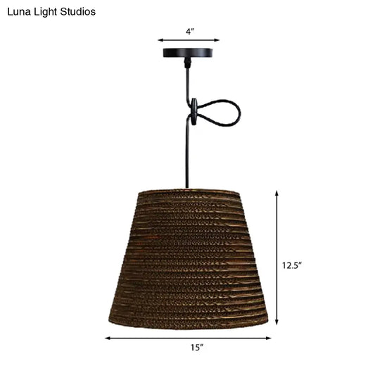 Corrugated Paper Hanging Lamp - Asian Style With Brown High Waist Shade Restaurant Pendant Light