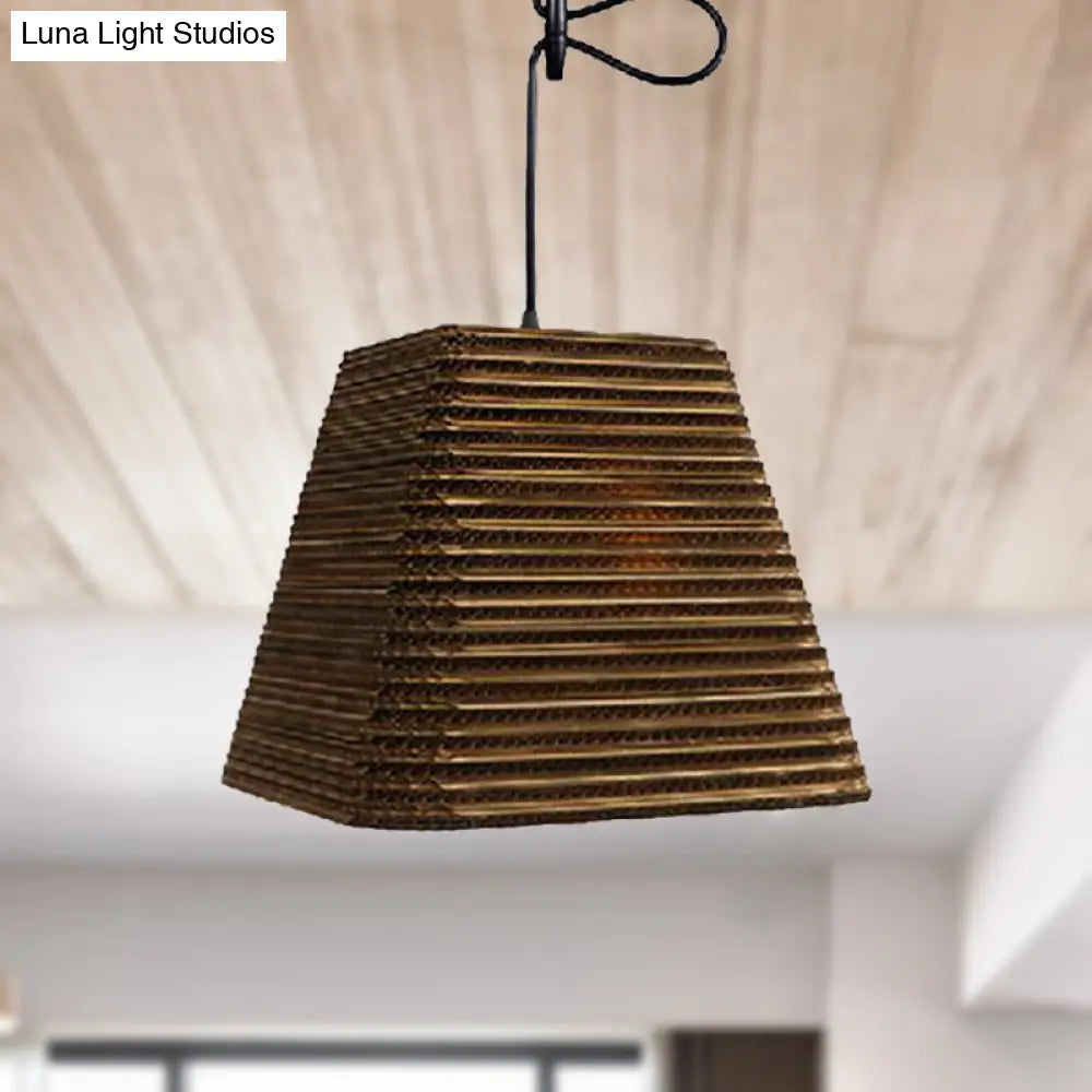 Corrugated Paper Hanging Lamp - Asian Style With High Waist Brown Shade Restaurant Pendant Light /