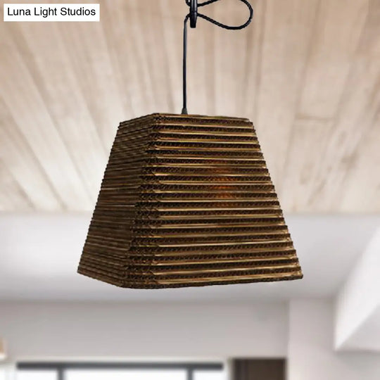 Corrugated Paper Hanging Lamp - Asian Style With High Waist Brown Shade Restaurant Pendant Light /