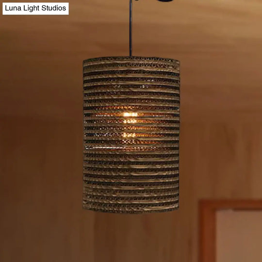 Corrugated Paper Hanging Lamp - Asian Style With Brown High Waist Shade Restaurant Pendant Light