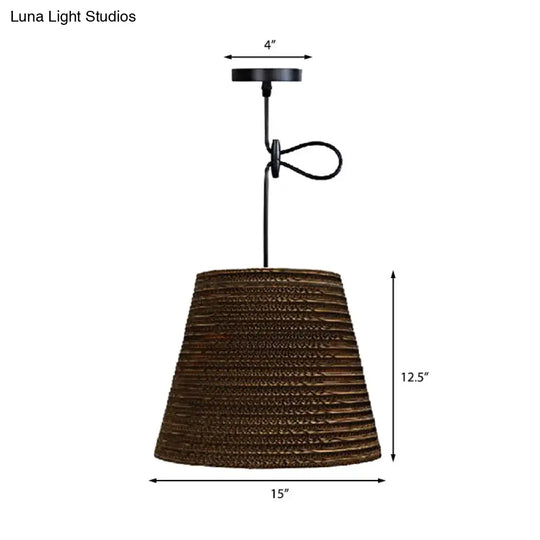 Corrugated Paper Hanging Lamp - Asian Style With High Waist Brown Shade Restaurant Pendant Light