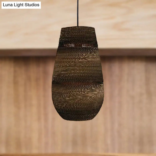 Corrugated Paper Hanging Lamp - Asian Style With Brown High Waist Shade Restaurant Pendant Light