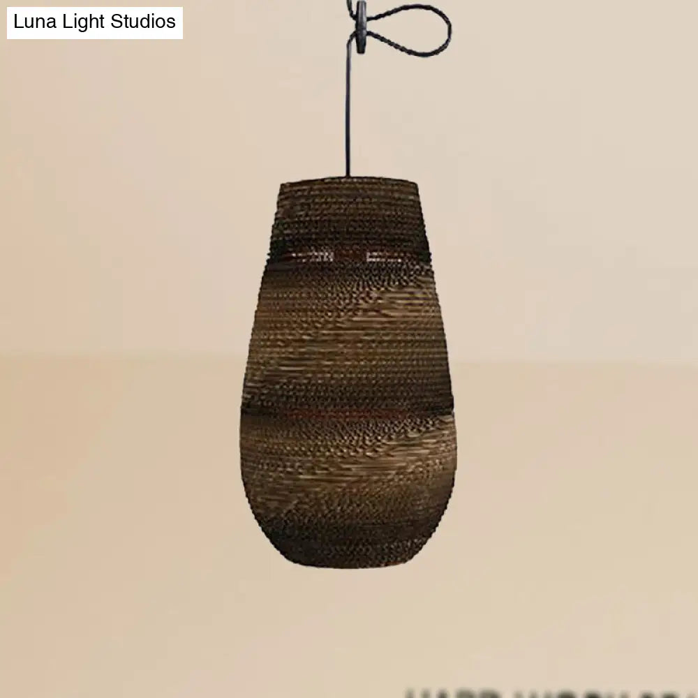 Corrugated Paper Hanging Lamp - Asian Style With High Waist Brown Shade Restaurant Pendant Light /