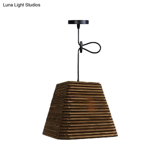 Corrugated Paper Hanging Lamp - Asian Style With Brown High Waist Shade Restaurant Pendant Light