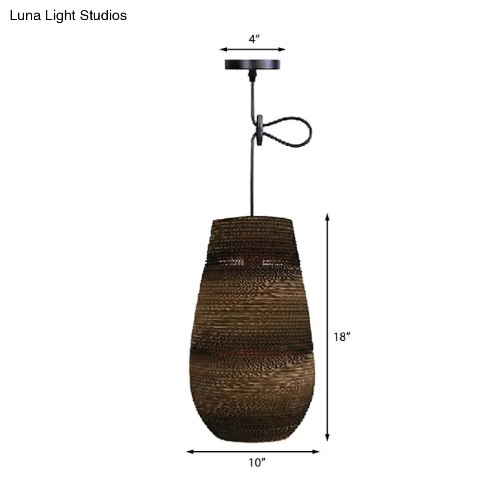 Corrugated Paper Hanging Lamp - Asian Style With High Waist Brown Shade Restaurant Pendant Light