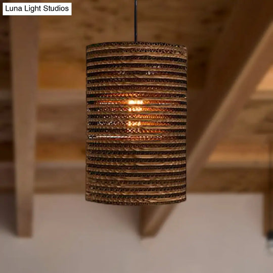 Corrugated Paper Hanging Lamp - Asian Style With High Waist Brown Shade Restaurant Pendant Light