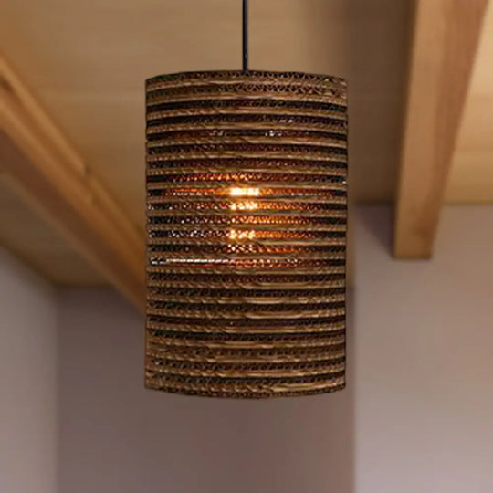 Corrugated Paper Hanging Lamp - Asian Style With Brown High Waist Shade Restaurant Pendant Light /