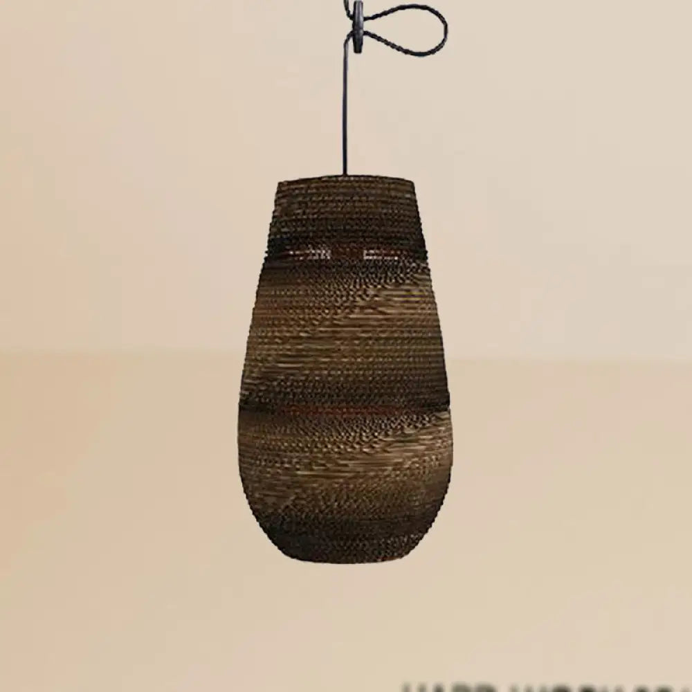 Corrugated Paper Hanging Lamp - Asian Style With Brown High Waist Shade Restaurant Pendant Light /