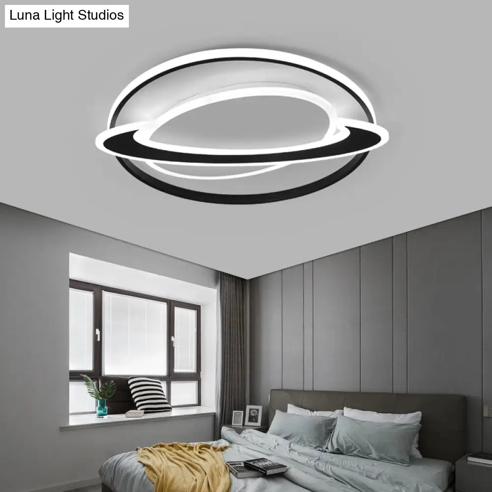 Cosmic Bedroom Glow: Black-White Acrylic Led Flush Mount Ceiling Light With A Ringed Planet Design