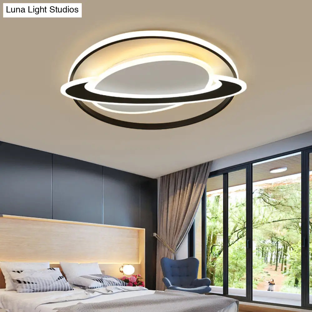 Cosmic Bedroom Glow: Black-White Acrylic Led Flush Mount Ceiling Light With A Ringed Planet Design