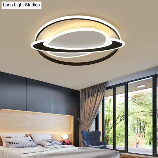 Cosmic Bedroom Glow: Black-White Acrylic Led Flush Mount Ceiling Light With A Ringed Planet Design