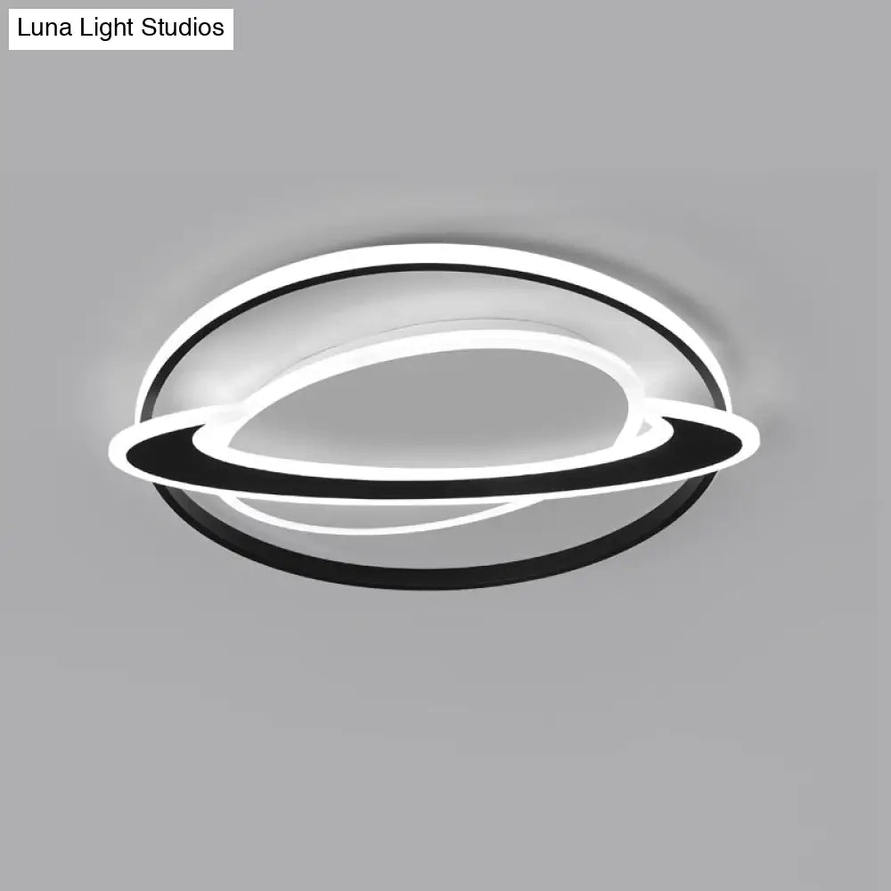 Cosmic Bedroom Glow: Black-White Acrylic Led Flush Mount Ceiling Light With A Ringed Planet Design