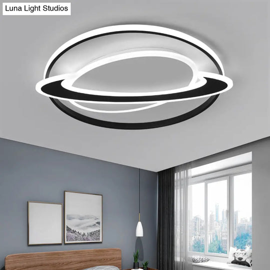 Cosmic Bedroom Glow: Black-White Acrylic Led Flush Mount Ceiling Light With A Ringed Planet Design