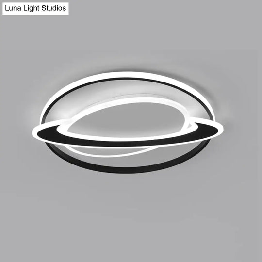 Cosmic Bedroom Glow: Black-White Acrylic Led Flush Mount Ceiling Light With A Ringed Planet Design