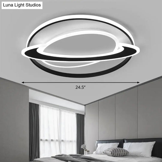 Cosmic Bedroom Glow: Black-White Acrylic Led Flush Mount Ceiling Light With A Ringed Planet Design