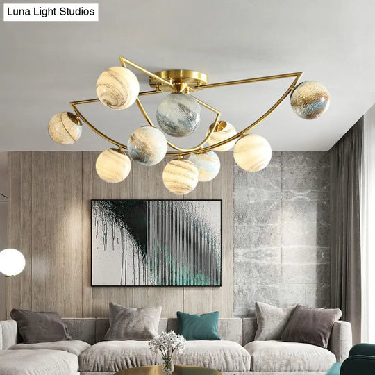 Cosmic Bedroom Glow: Gold Nordic Ombre Glass Semi-Flush Mount Chandelier With A Planet Design