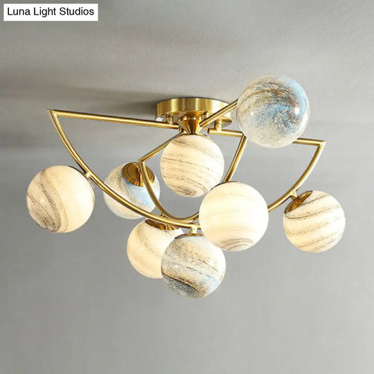 Cosmic Bedroom Glow: Gold Nordic Ombre Glass Semi-Flush Mount Chandelier With A Planet Design