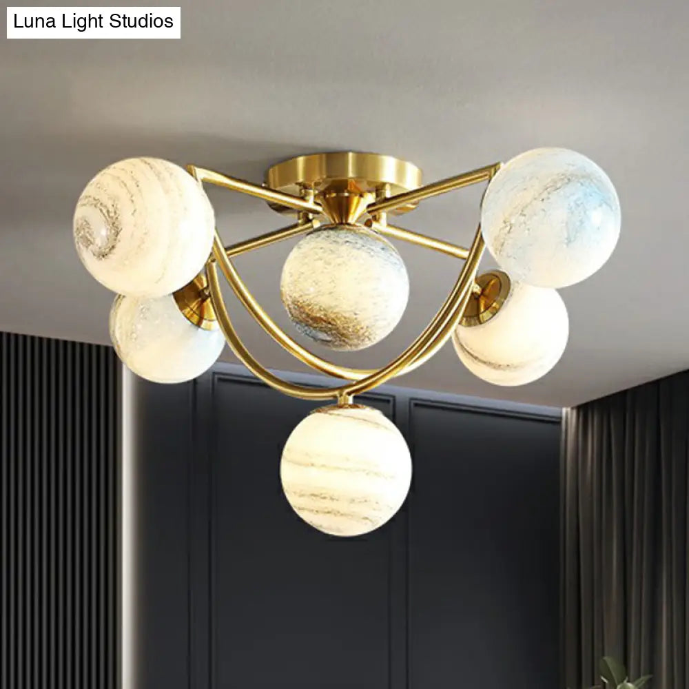 Cosmic Bedroom Glow: Gold Nordic Ombre Glass Semi-Flush Mount Chandelier With A Planet Design