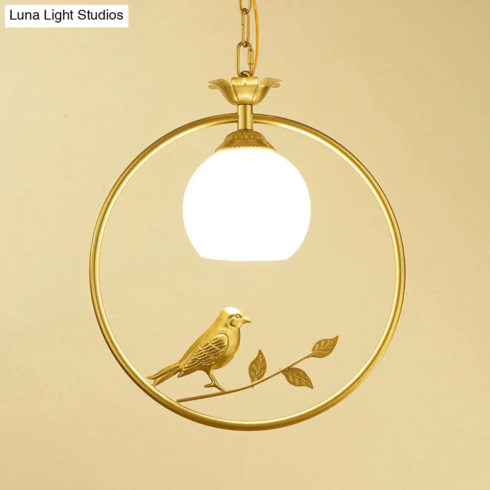 Cottage Bird Suspension Light With Opal Glass Shade