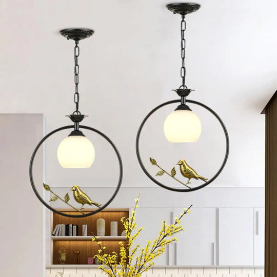 Cottage Bird Suspension Light With Opal Glass Shade Black