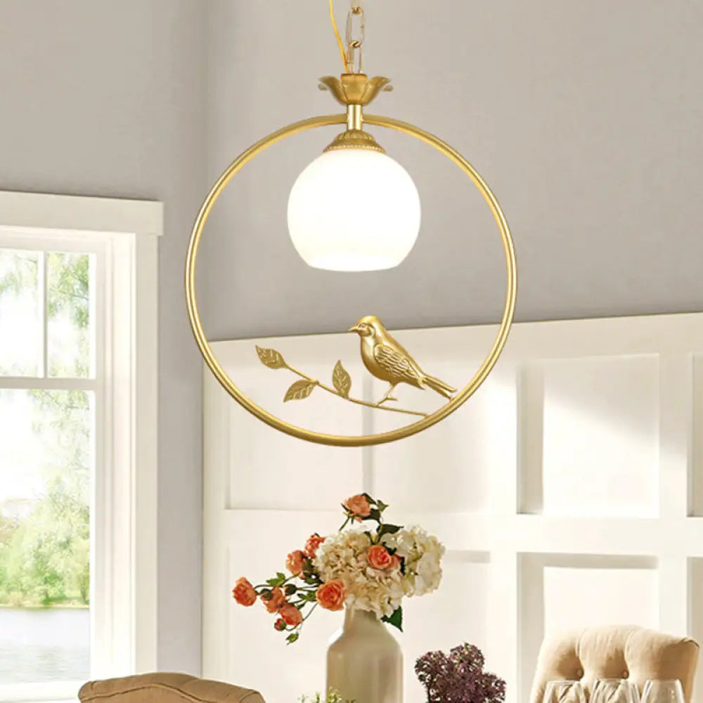 Cottage Bird Suspension Light With Opal Glass Shade Gold