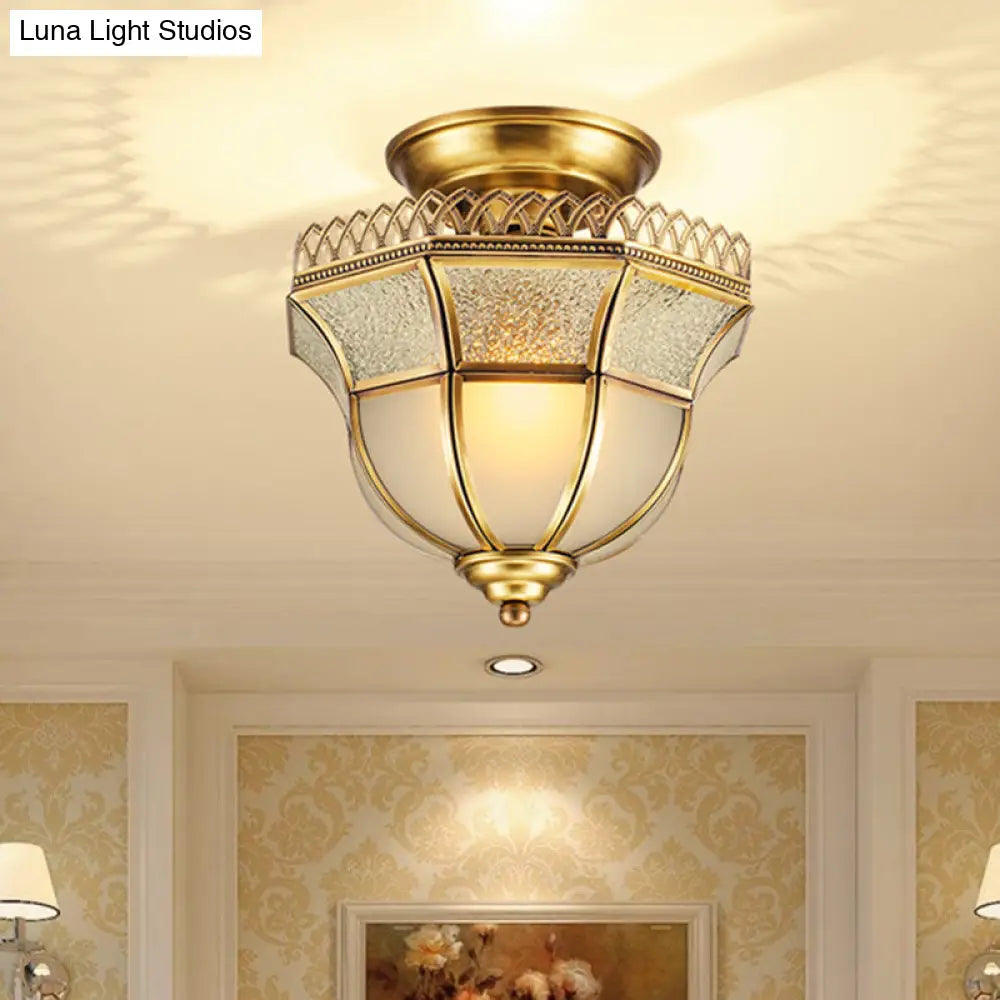 Cottage Crackle Brass Ceiling Lamp With Milky Glass Inverted Bell Semi Mount
